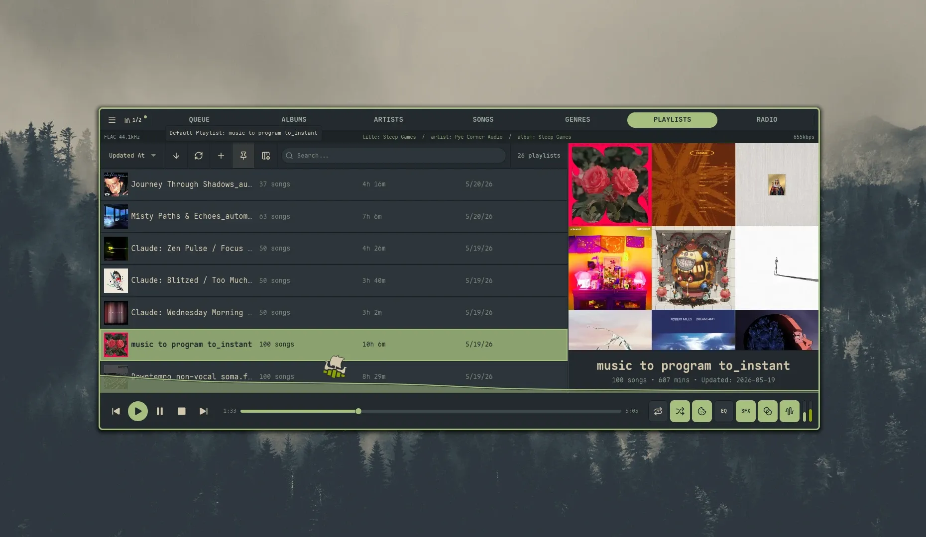 The pin chip in the Playlists view header — the highlighted row at the bottom is the current default