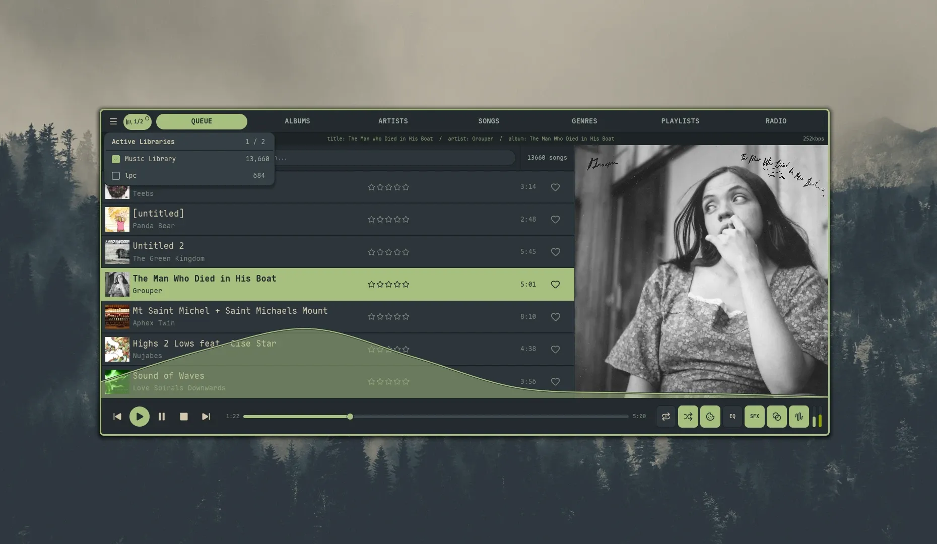 The Active Libraries popover open over the Queue view — Music Library checked, lpc unchecked, header showing "Active Libraries 1 / 2"