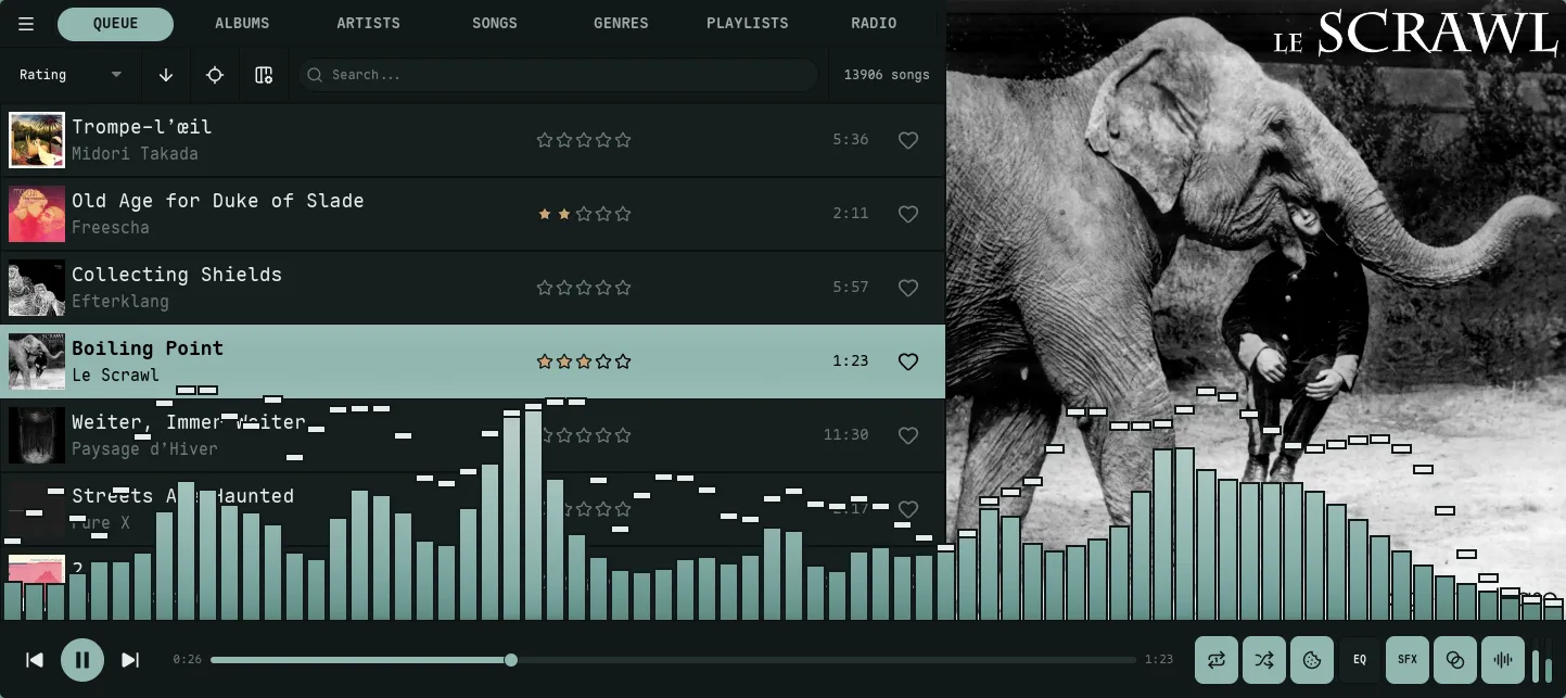 The player bar at the bottom of every view — transport on the left, progress bar in the middle, mode toggles and volume on the right