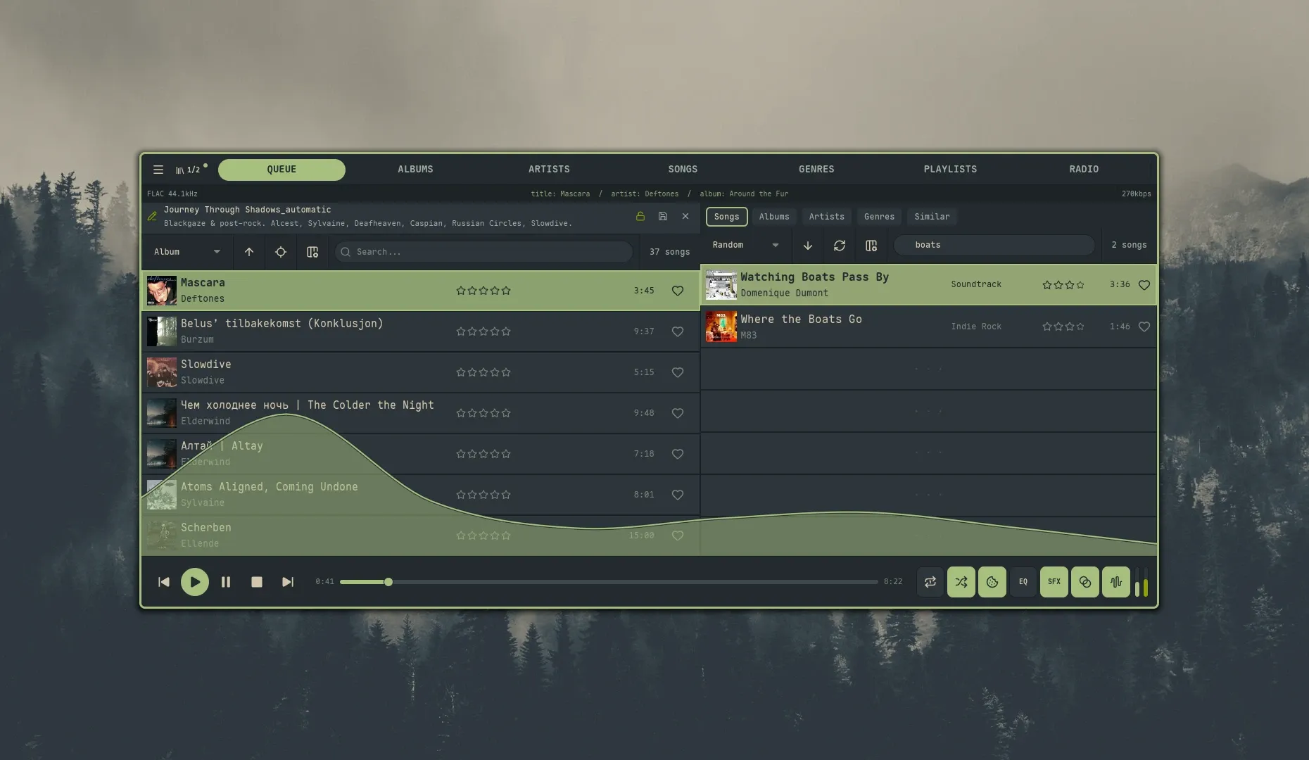 Split-view edit mode — playlist queue on the left, Library Browser on the right