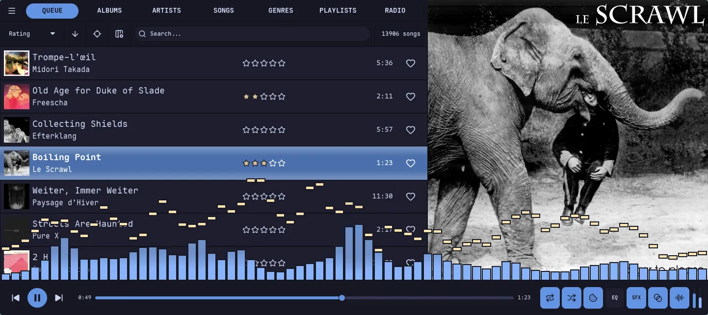 Nokkvi in the Catppuccin theme — lavender-blue accent on a soft dark background