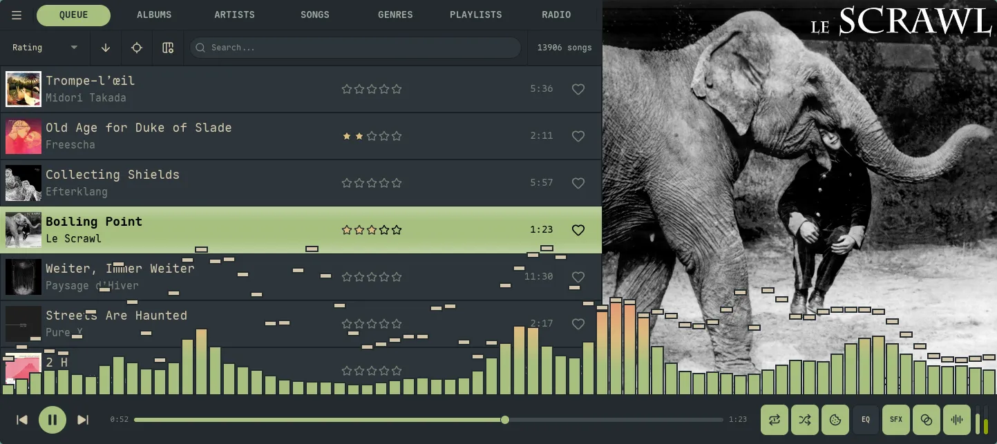 Nokkvi in the Everforest theme — muted green accent on a warm dark background