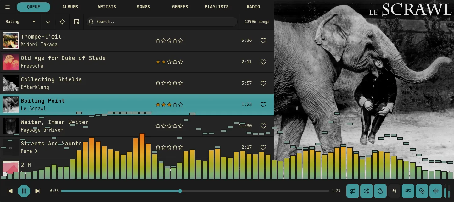 Nokkvi in the Gruvbox theme — warm amber accent on a retro dark background