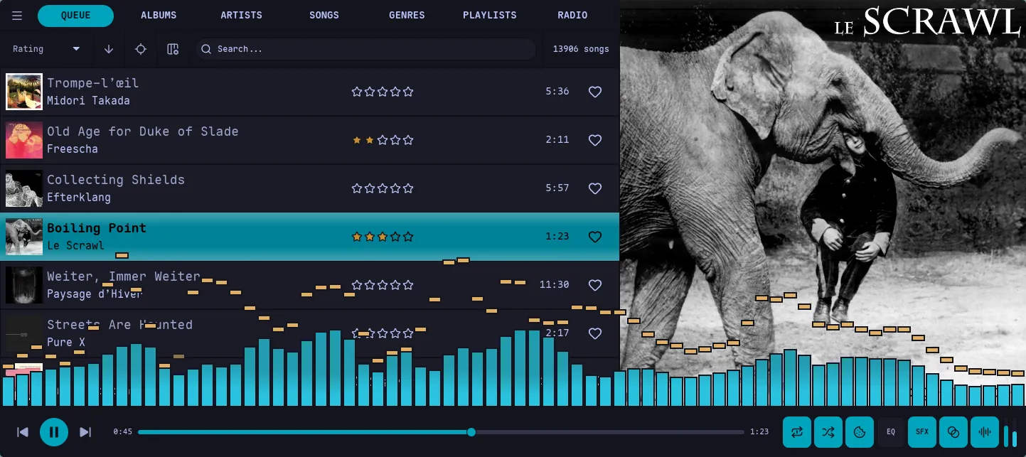 Nokkvi in the Tokyo Night theme — blue accent on a deep navy background