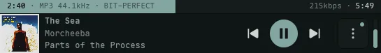 The mini-player progress scrub showing the BIT-PERFECT badge beside the track's MP3 44.1 kHz format and bitrate