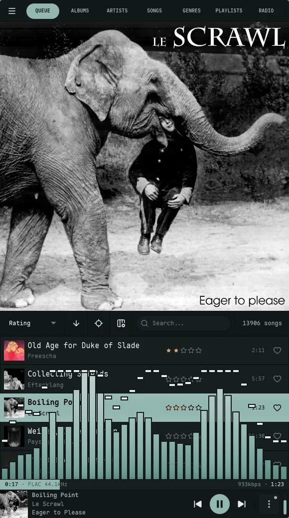 Mini player on a narrow window: a single compact cluster with the mode toggles folded into the kebab menu