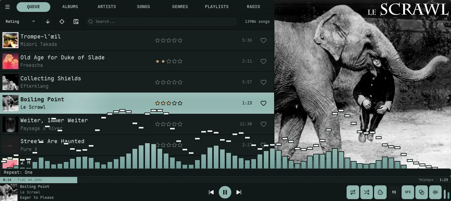 Mini player on a wide window: artwork and metadata left, centered transport, modes and volume right, full-width progress scrub on top