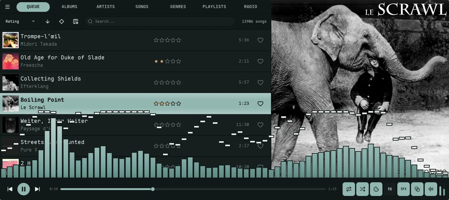 Nokkvi with no metadata strip, giving the list and artwork the full window