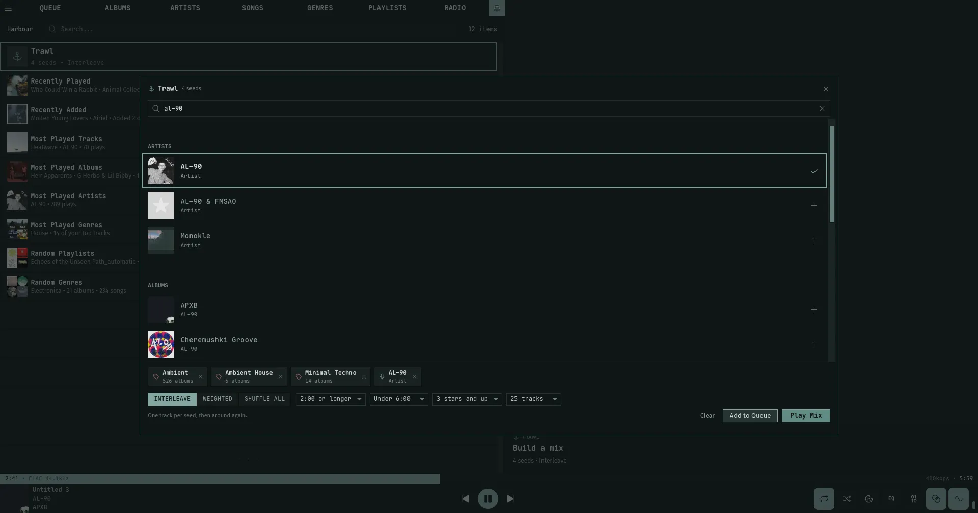 The Trawl modal: a crate of four seeds (three genres and an artist) in the tray, the whole-library search adding an artist, the Interleave/Weighted/Shuffle-all blend pills, the length, rating, and max-tracks filters, and the Clear / Add to Queue / Play Mix actions