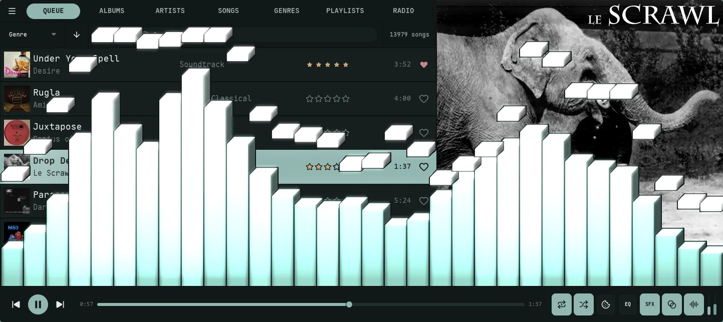 Nokkvi bars visualizer with isometric 3D depth — bars extruded with shaded top and side faces