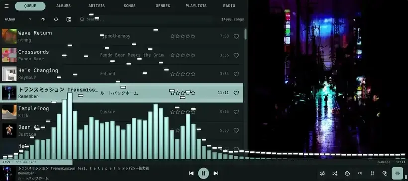Animated demo of Nokkvi's bars visualizer — vertical frequency columns reacting across the bottom of the window