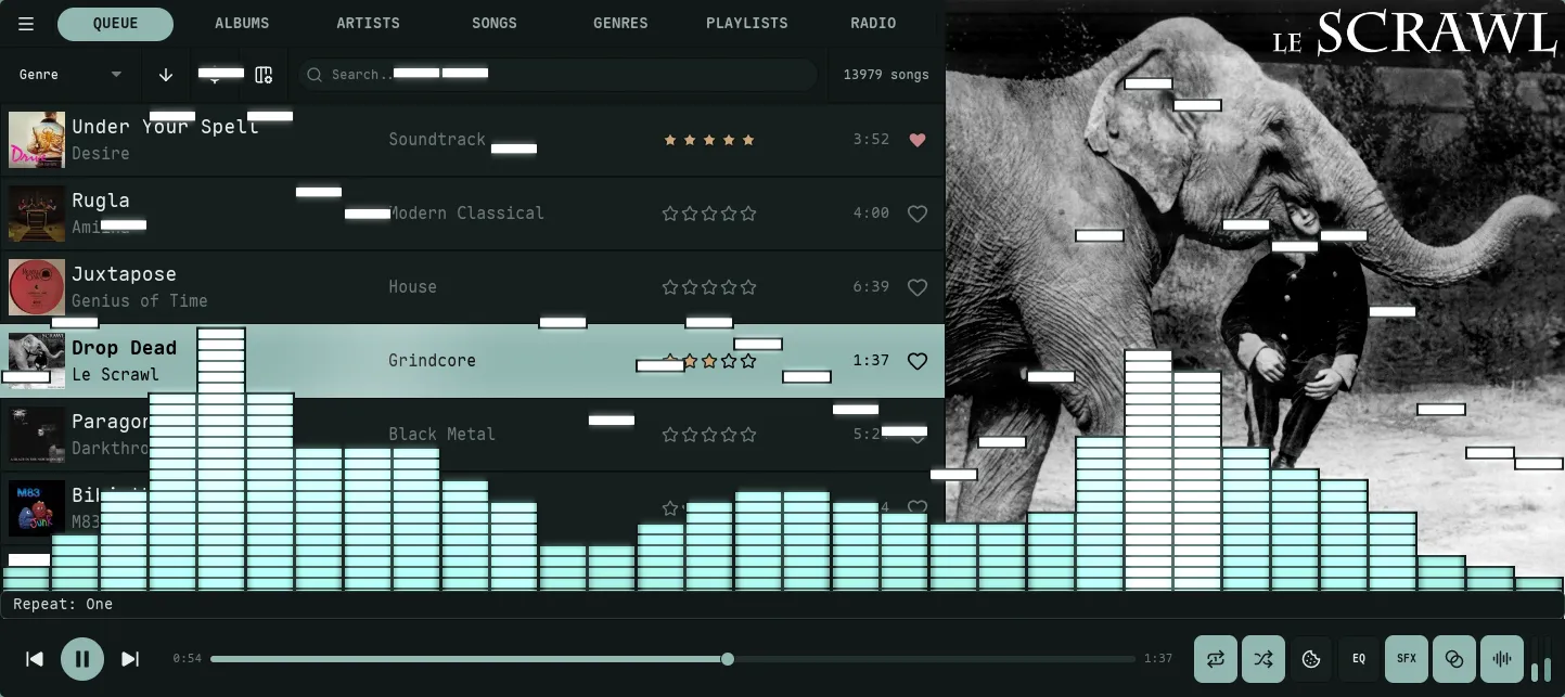 Nokkvi bars visualizer in LED mode — each bar rendered as a vertical stack of discrete VU-meter segments