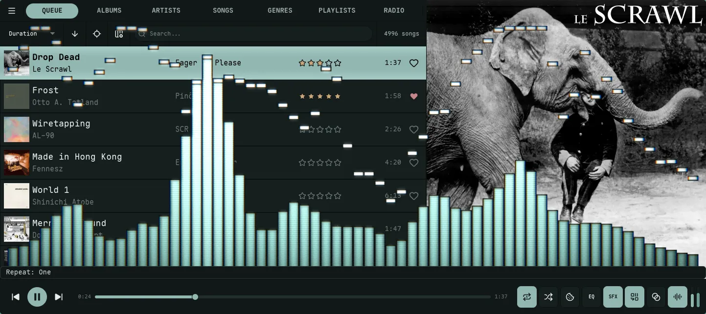 Nokkvi visualizer with the CRT / film effect — scanlines, grain, and vignette over the bars