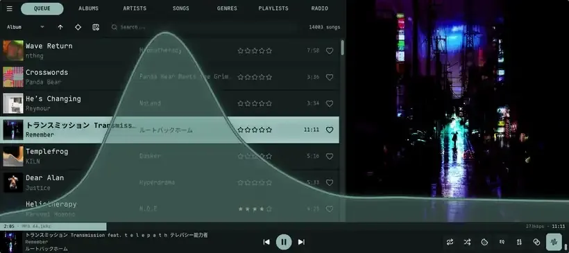 Animated demo of Nokkvi's lines visualizer — a smooth waveform curve with the surfing boat riding it