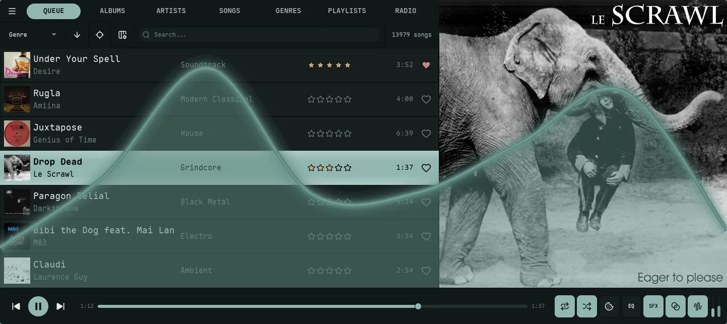 Nokkvi lines visualizer with a bright neon glow halo around the waveform