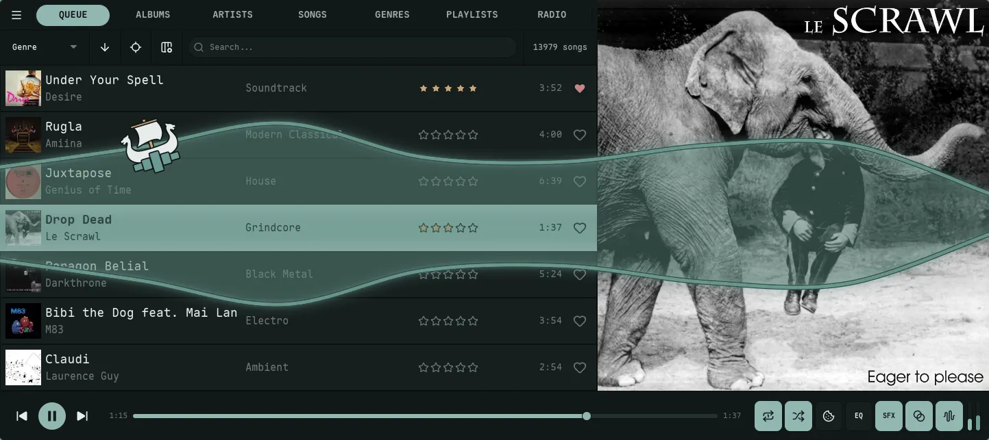 Nokkvi lines visualizer in mirror mode — the waveform drawn symmetrically from the centre