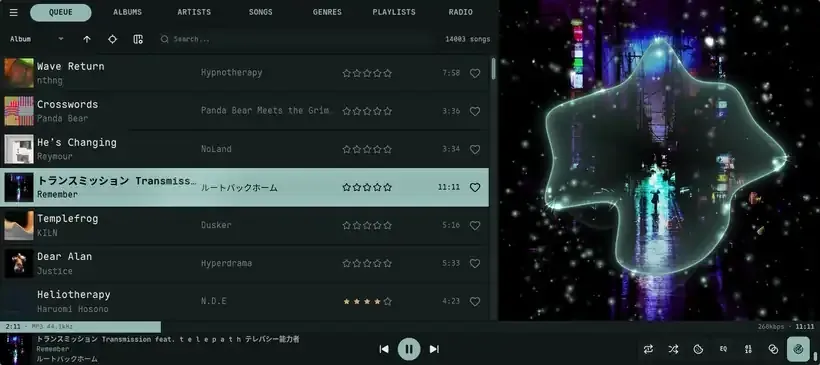 Animated demo of Nokkvi's scope visualizer — a glowing circular oscilloscope ring pulsing over the cover art with drifting particles