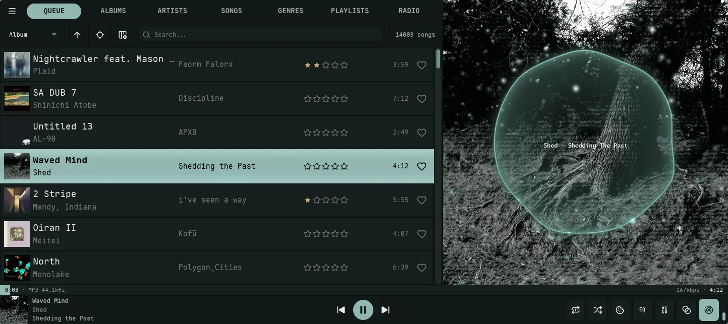 Nokkvi's scope visualizer — a glowing circular oscilloscope ring with a drifting particle field, drawn over the now-playing cover art