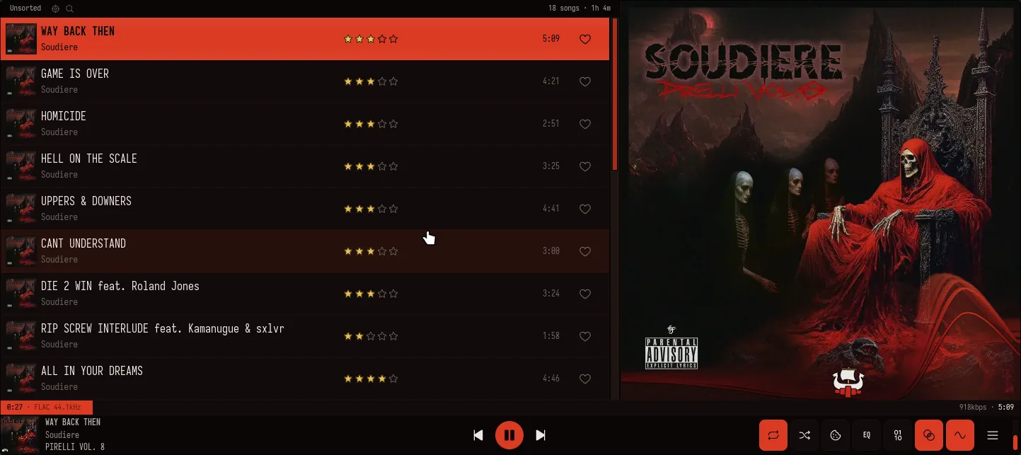 The Enthroned theme: a queue of Soudiere tracks with a scarlet now-playing row and gold star ratings beside the album cover art