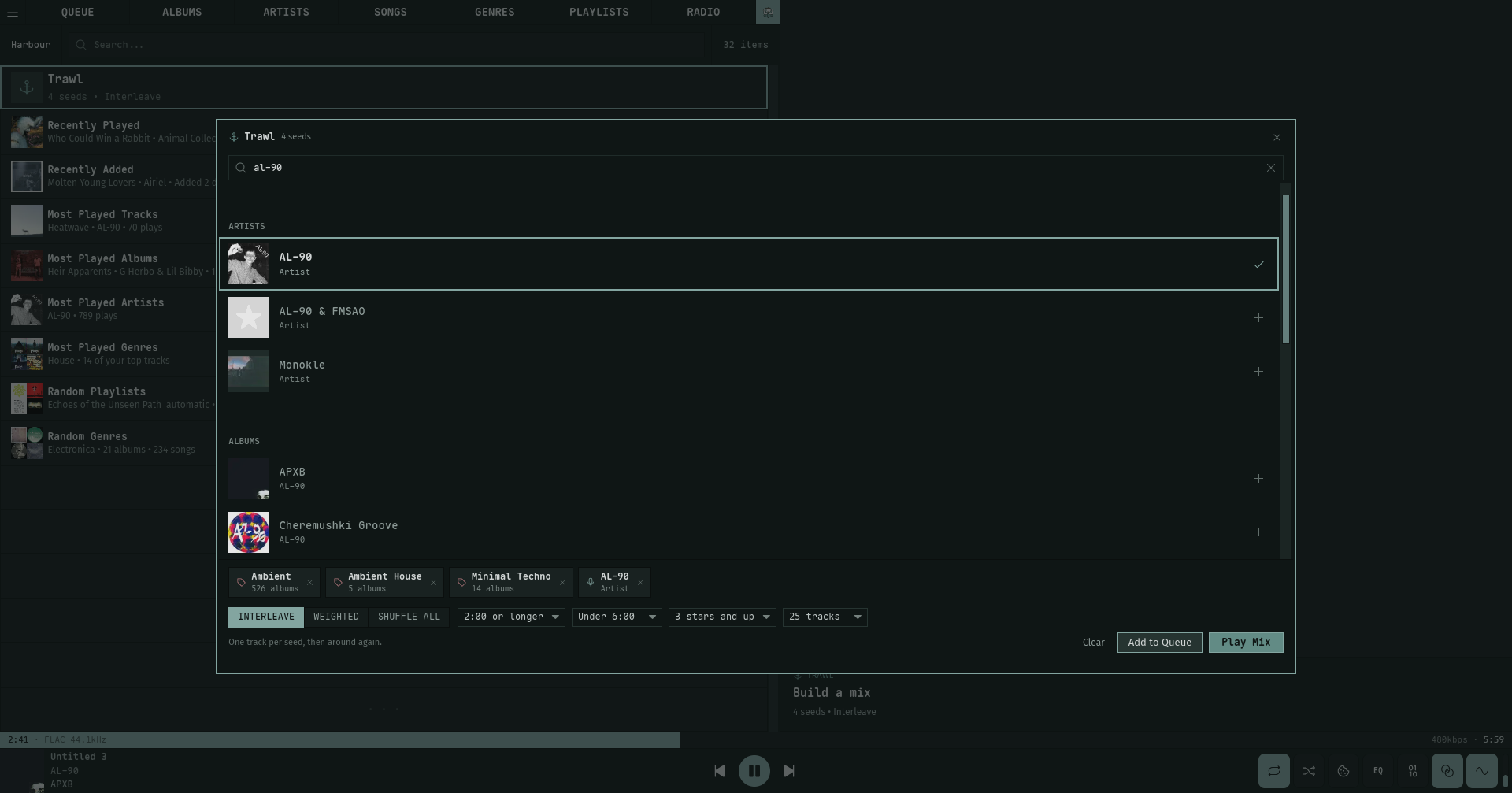 The Trawl modal: a crate of four seeds in the tray, the whole-library search adding an artist, the Interleave/Weighted/Shuffle-all blend pills, the length, rating, and max-tracks filters, and the Clear / Add to Queue / Play Mix actions