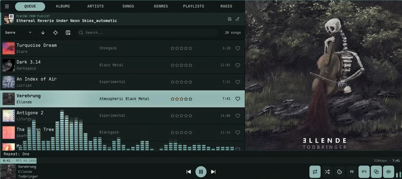 Nokkvi running on the queue view with the visualizer
